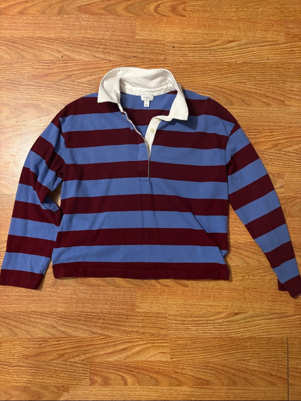 J. Crew Women's Striped Rugby Top in Burgundy and Light Blue with White Collar